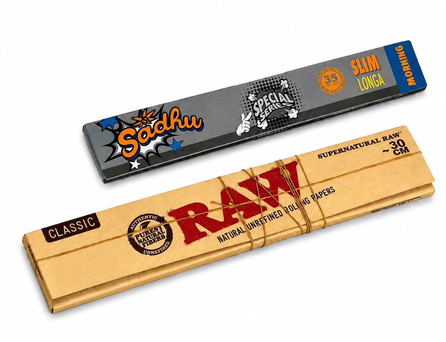 Sedas RAW e Sadhu, embalagens premium sobre fundo neutro